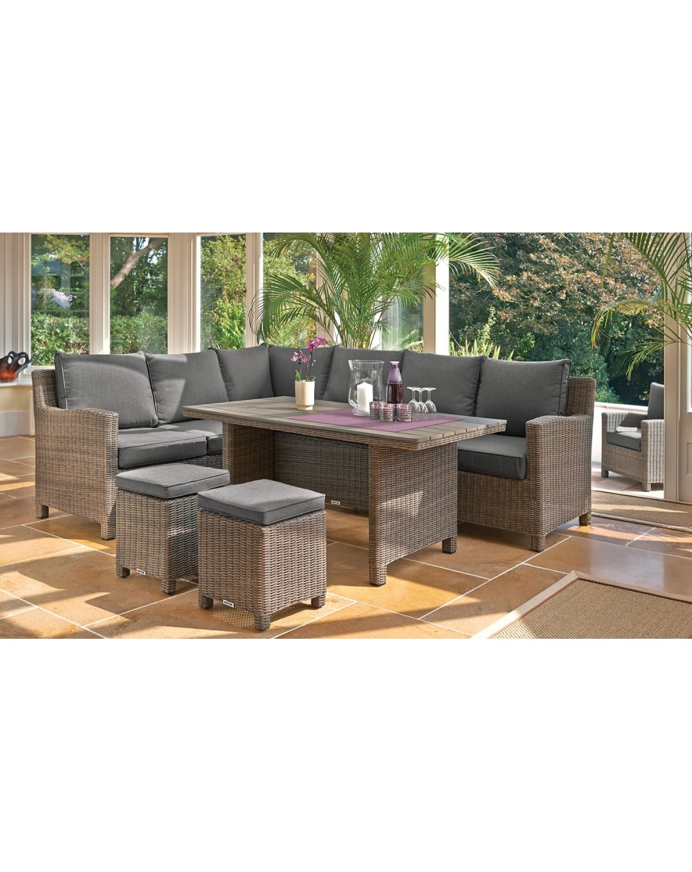 Kettler Palma Casual Dining Corner Set + Dark Oak Slat Table - Oyster